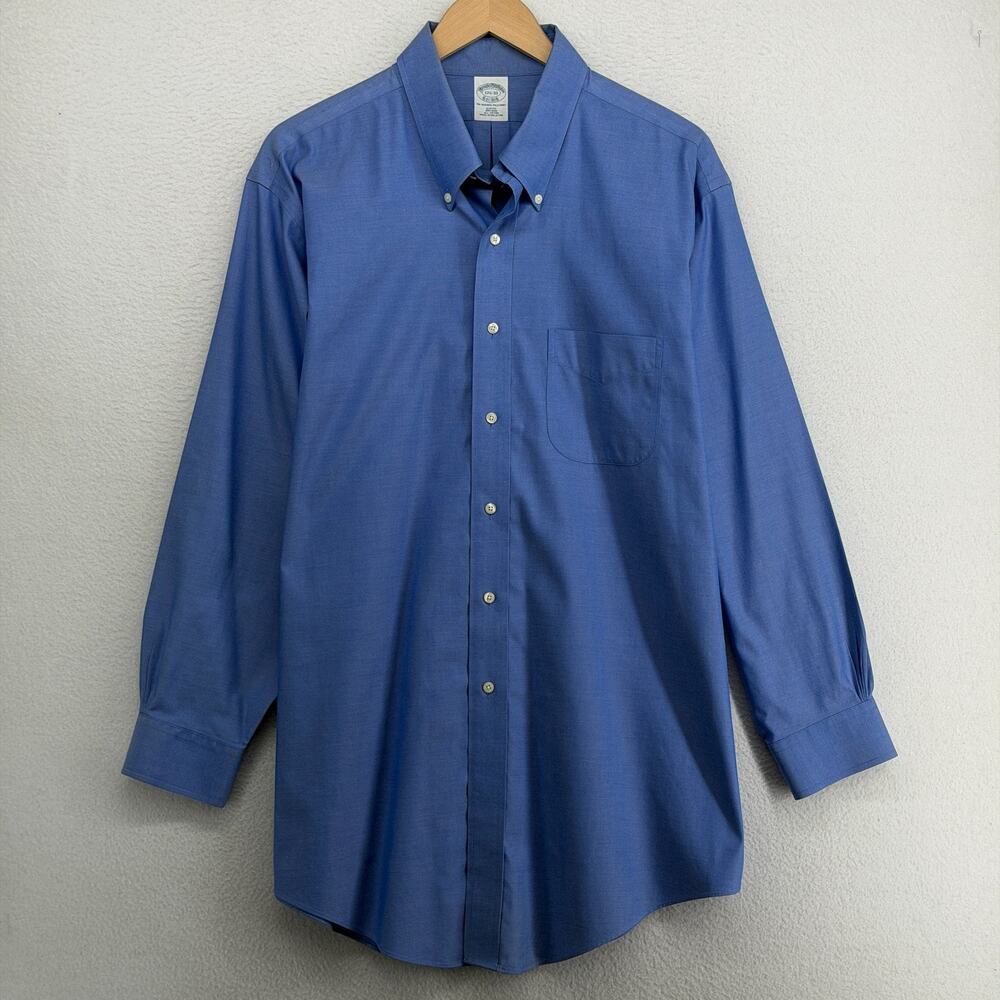 BROOKS BROTHERS Shirt Mens 17.5-33 Dress Oxford Slim Fit Non Iron Cotton Blue